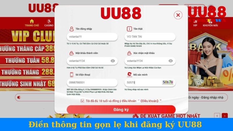 Điền thông tin gọn lẹ khi đăng ký UU88